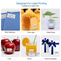 Portable Bluetooth Label Printer showcasing labels for office, food, plants, fruits, drinks, and packaging