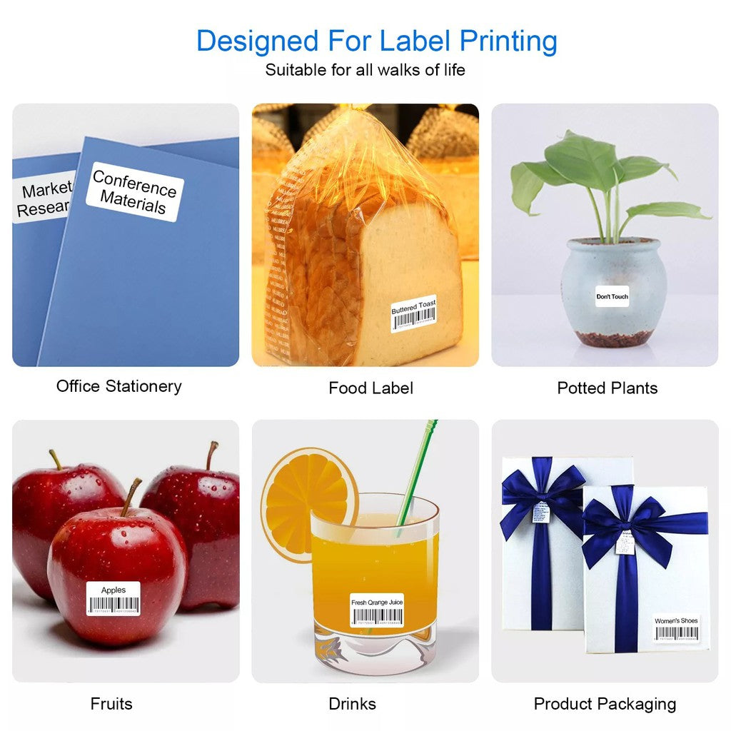 Portable Bluetooth Label Printer showcasing labels for office, food, plants, fruits, drinks, and packaging
