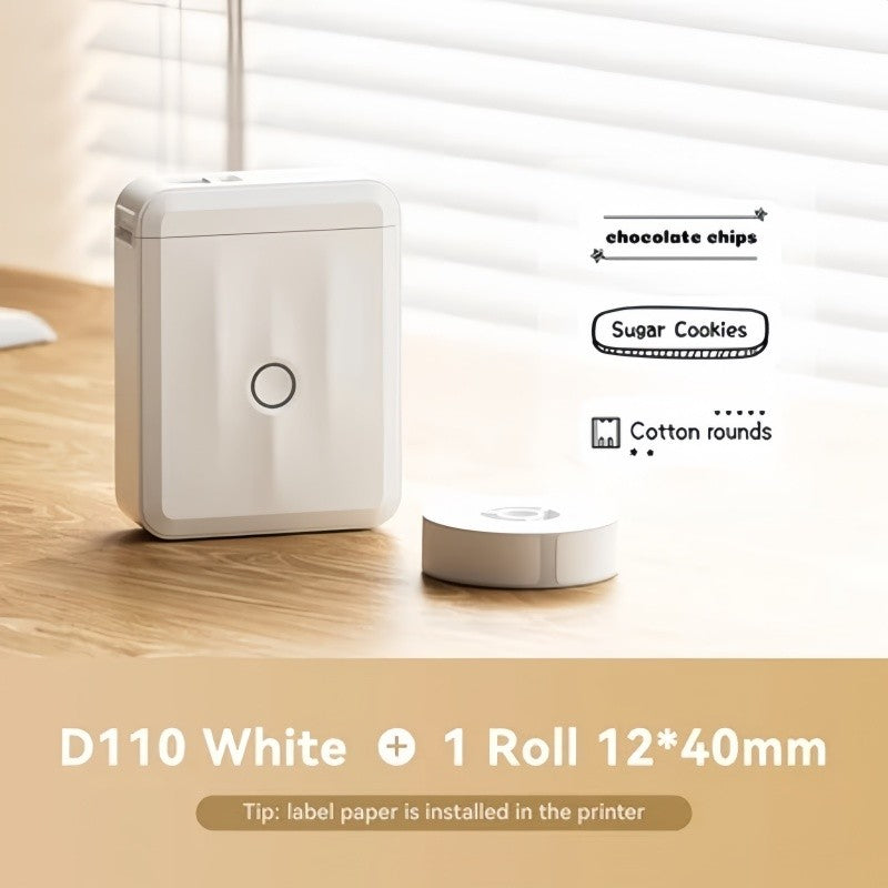 Portable Bluetooth Thermal Label Printer in white with one roll of label paper included for easy printing