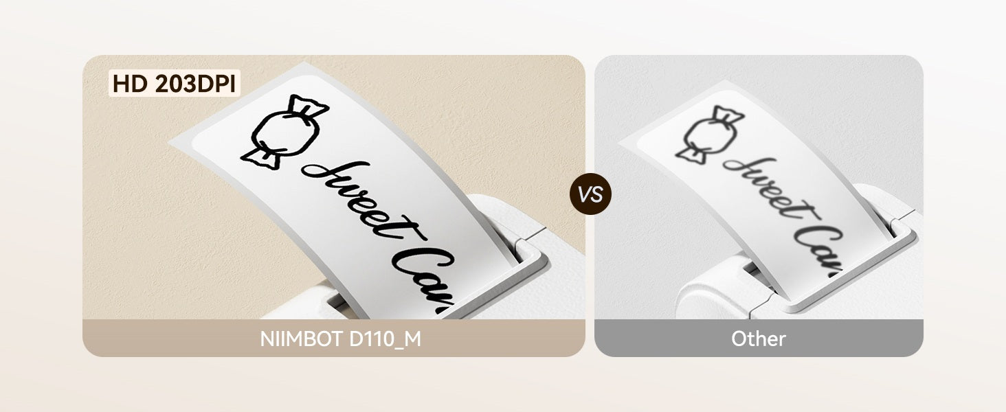 Comparison of NIIMBOT D110_M and other label printers showcasing HD print quality for Portable Bluetooth Thermal Label Printer