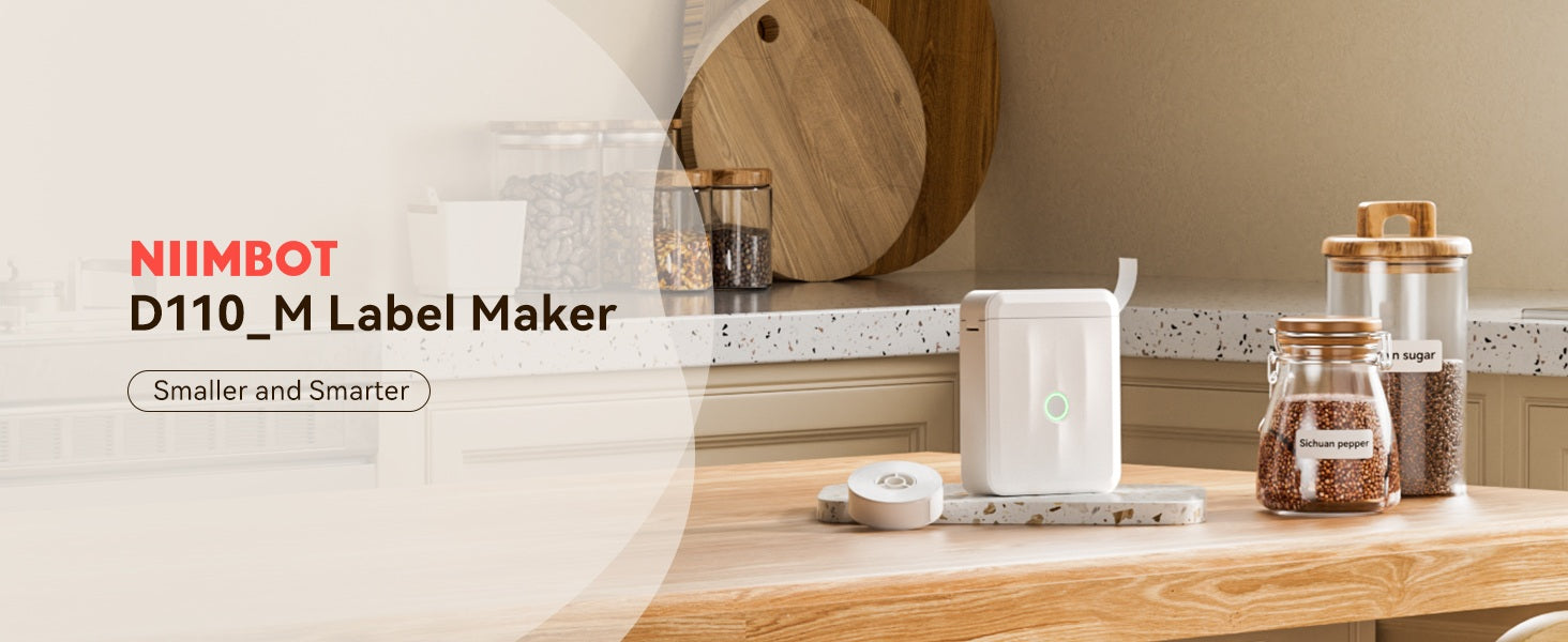 NIIMBOT D110_M Label Maker on a kitchen counter, showing its compact design and ease of use