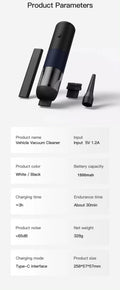 VMIDirect portable car vacuum in black and white with multiple attachments for effective cleaning
