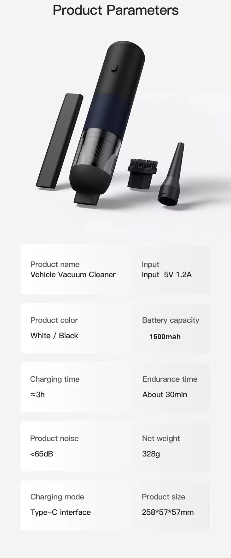 VMIDirect portable car vacuum in black and white with multiple attachments for effective cleaning