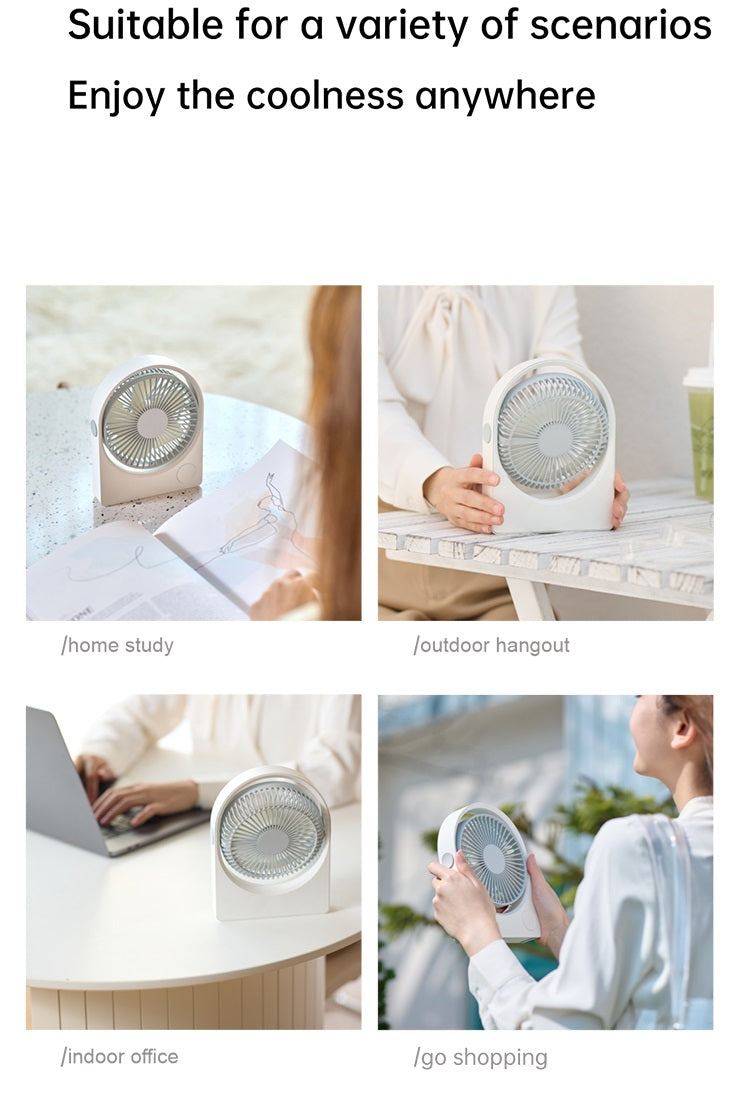 VMIDirect portable desk fan in various settings for home study, outdoor hangout, and office use
