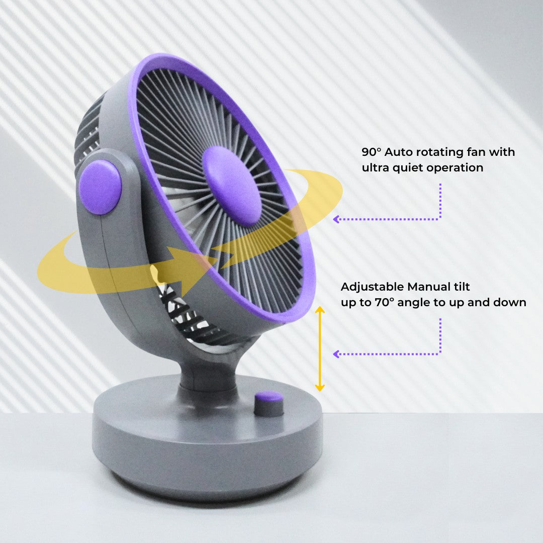 VMIDirect portable fan with 90-degree auto rotation and adjustable tilt for cooling comfort