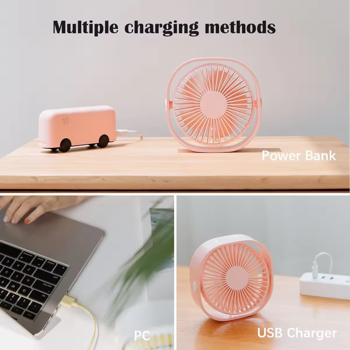 VMIDirect portable fan with multiple charging methods including USB for versatile use on desks
