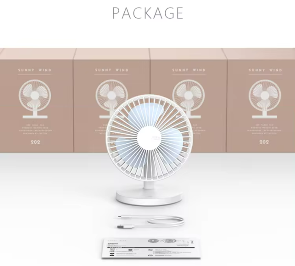 VMIDirect portable fan in white with USB charging cable, perfect for home and travel use