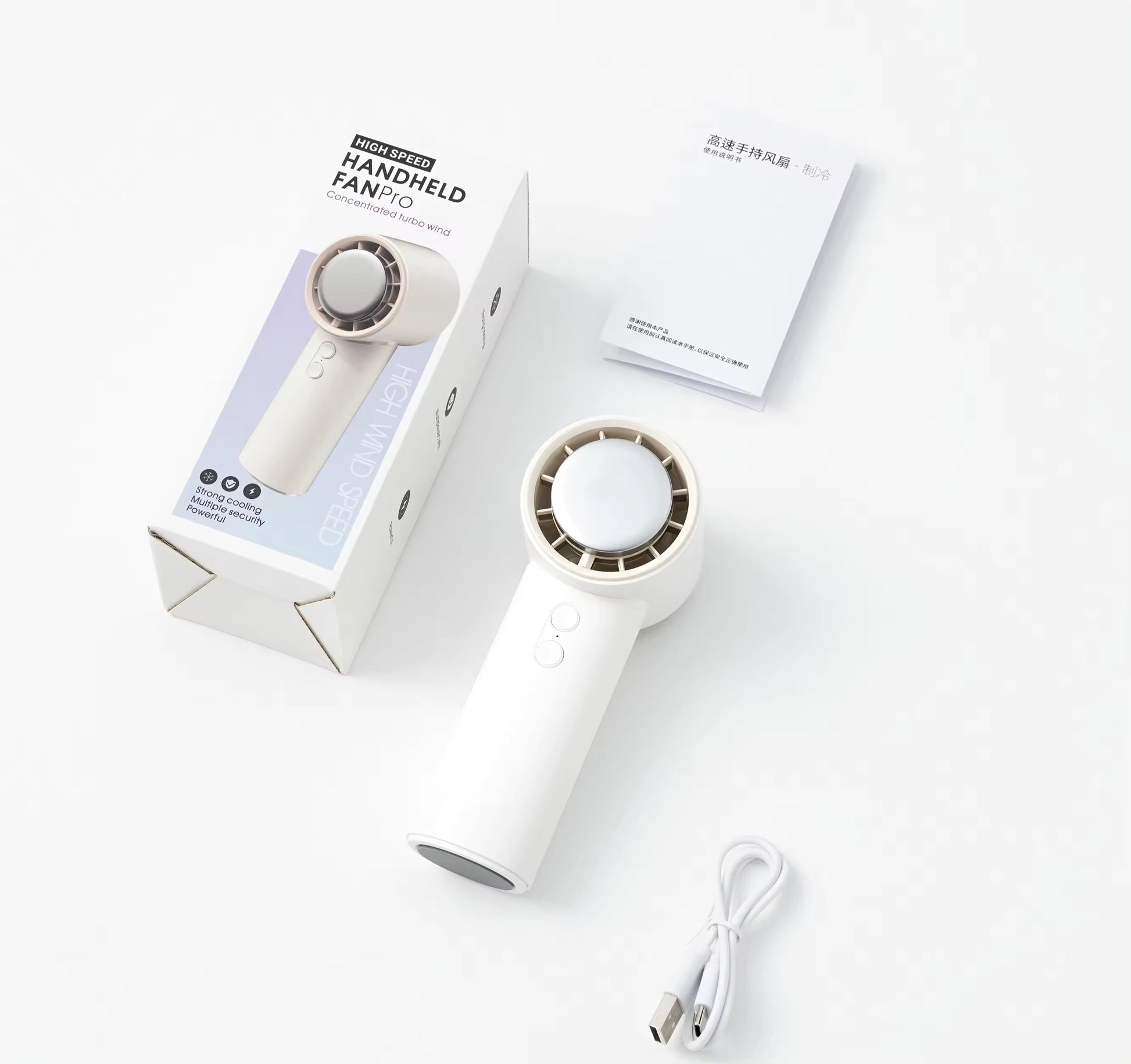 VMIDirect portable fan in white with a sleek design, charger, and user manual for on-the-go use