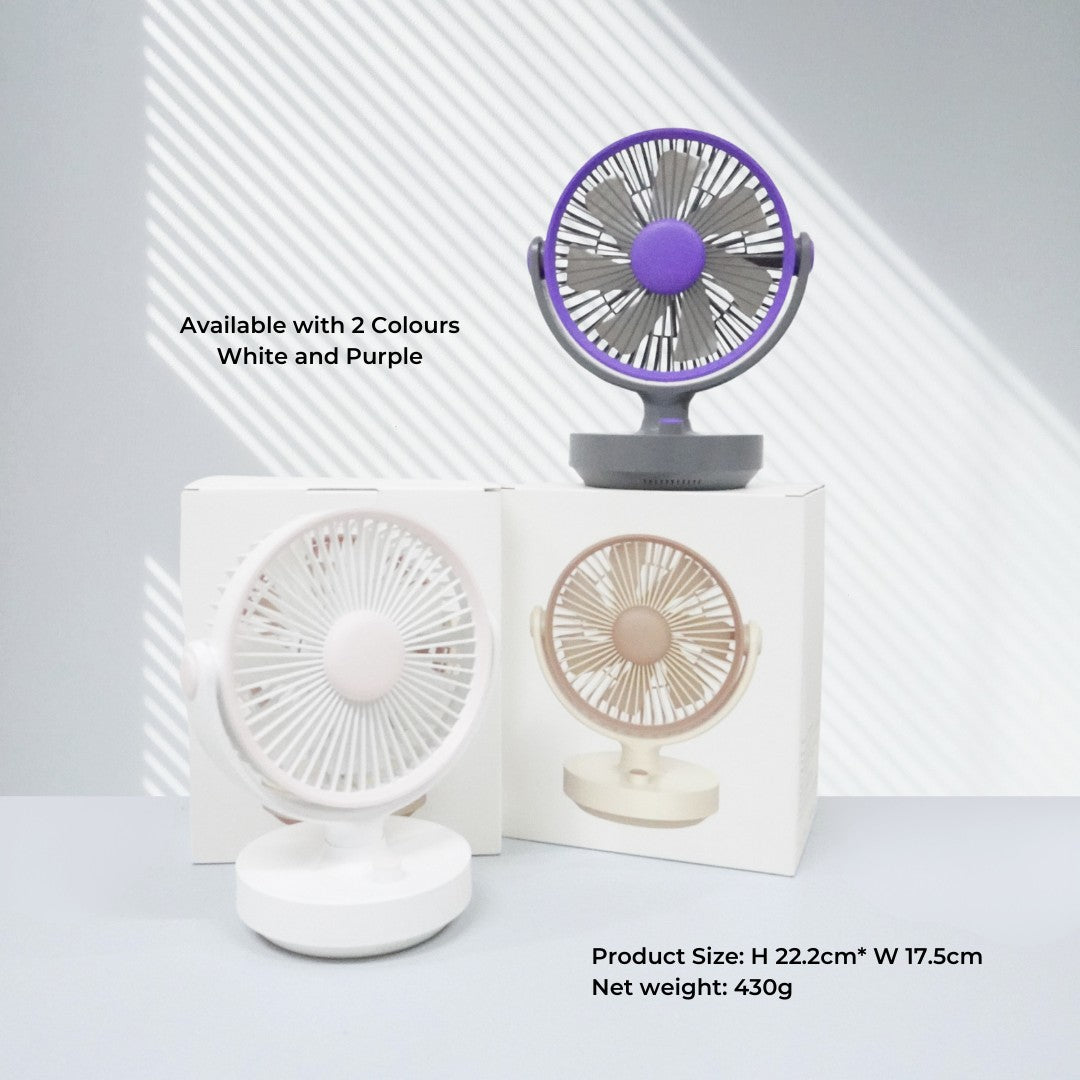 VMIDirect portable fan in white and purple, compact design for easy use on desks.