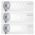 VMIDirect portable handheld fan showing three speed settings: Gentle Wind, Natural Wind, and Cool Wind
