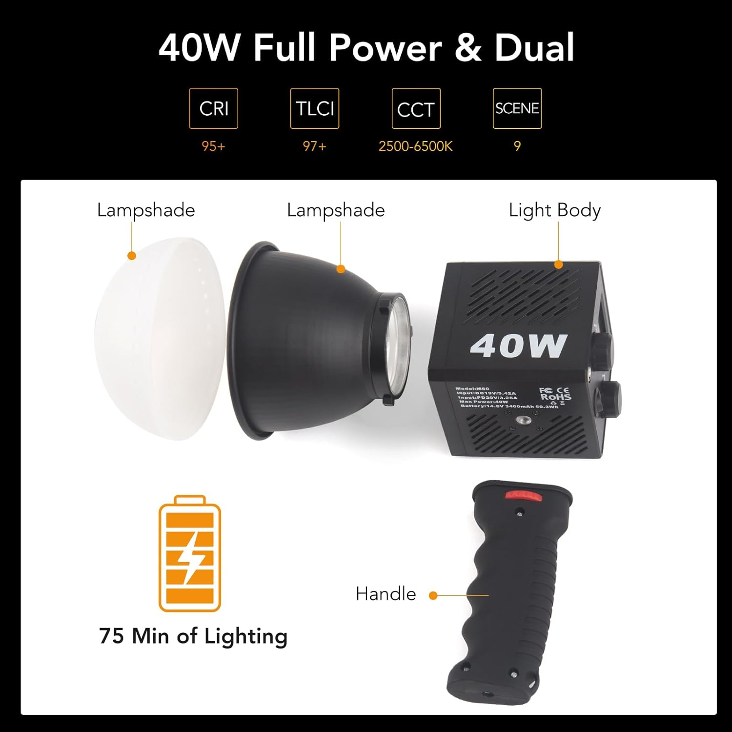 VMIDirect Portable Mini COB LED Video Light with 40W power and dual lampshade for versatile shooting