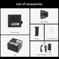 Complete kit of Portable Mini COB LED Video Light with accessories including lampshade, handle, and power adapter