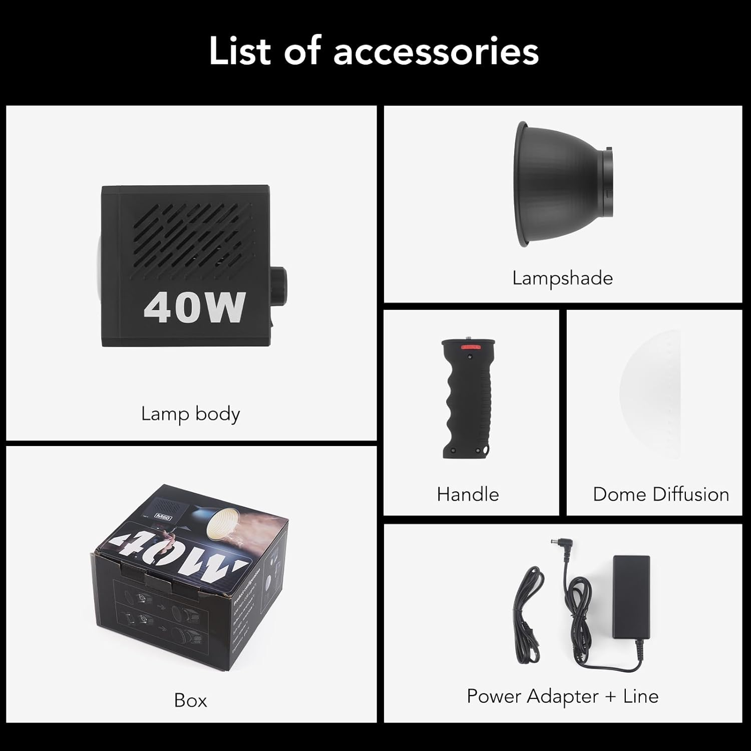 Complete kit of Portable Mini COB LED Video Light with accessories including lampshade, handle, and power adapter