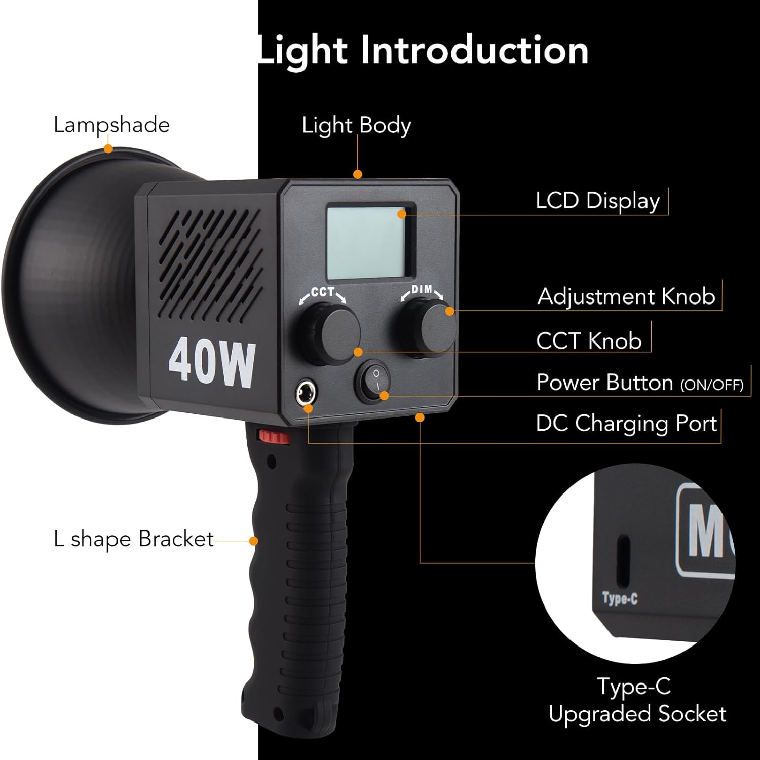 VMIDirect Portable Mini COB LED Video Light with LCD knob for adjustable settings and Type-C charging port