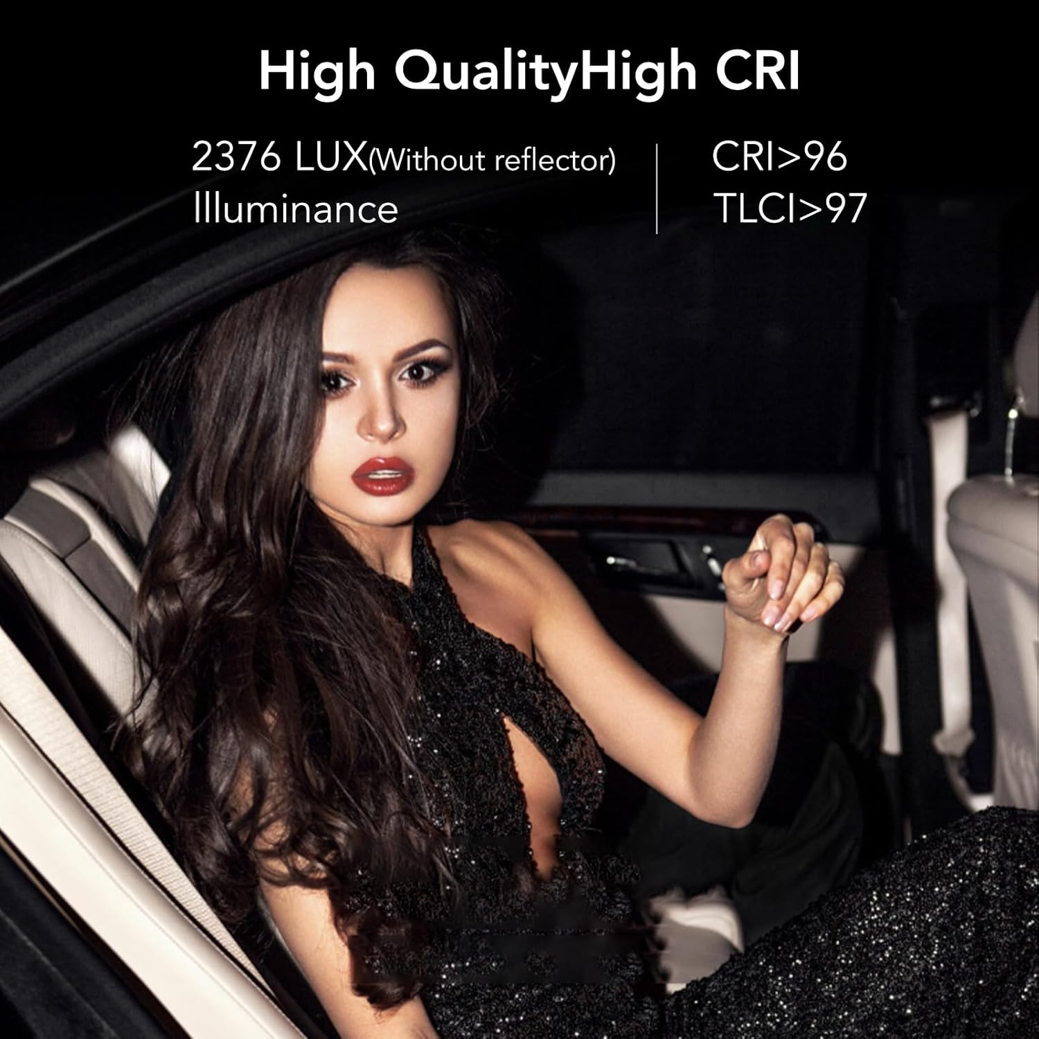 High Quality Portable Mini COB LED Video Light illuminating a stylish model in a dark setting