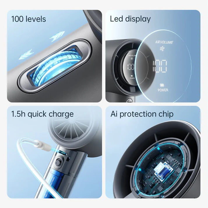 Portable mini handheld fan with 100 speed levels LED display fast 1.5 hour quick charge and AI protection chip