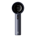 Portable mini handheld fan in sleek gray with digital display and power button