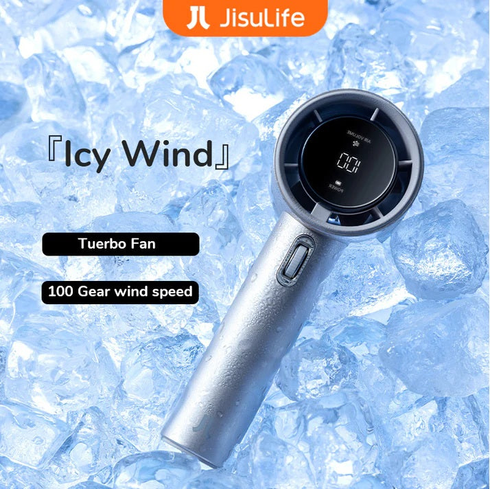 Portable mini handheld fan with digital display and turbo mode on ice background