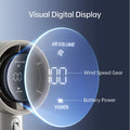 Portable mini handheld fan with visual digital display showing wind speed gear and battery power