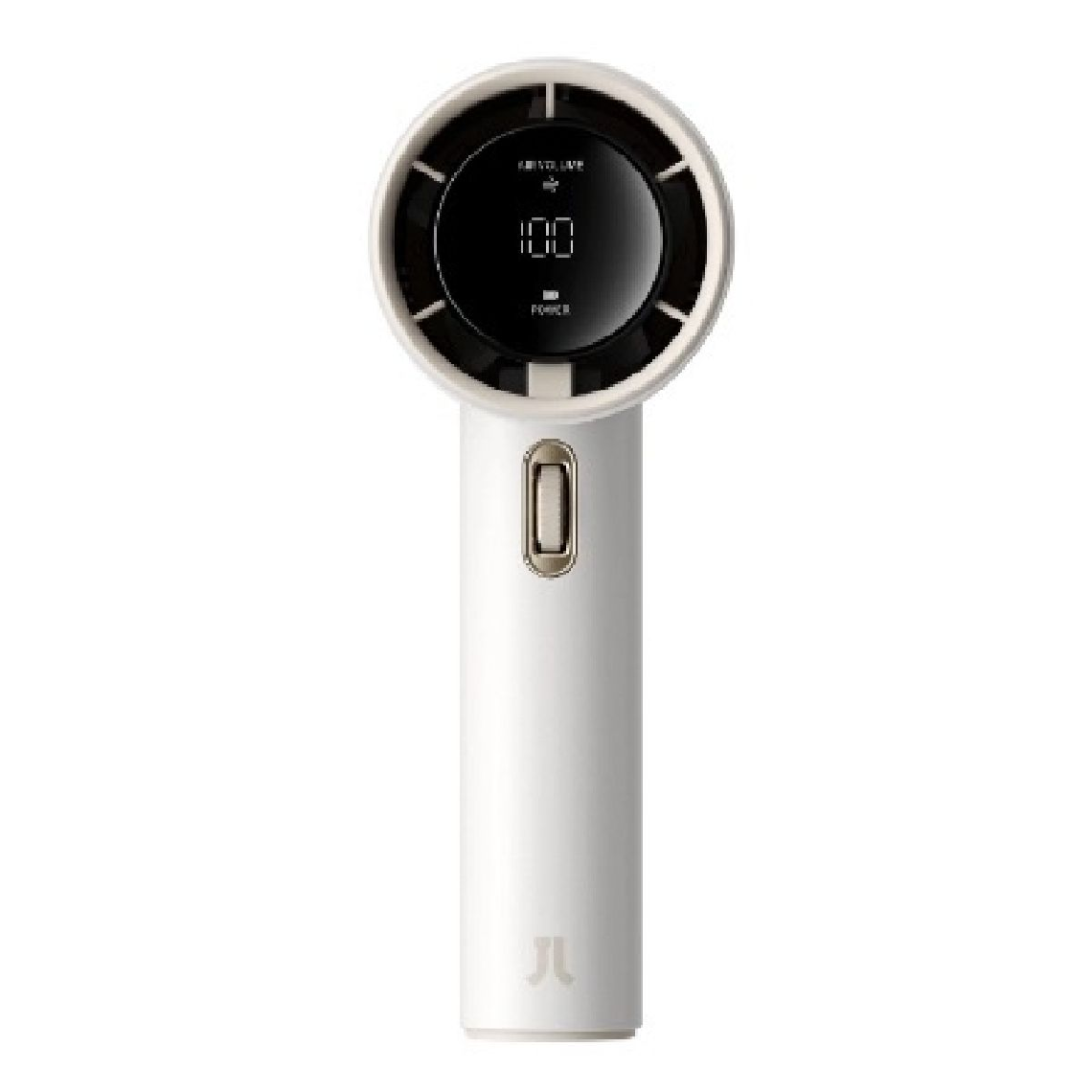 White portable mini handheld fan with digital display and power button