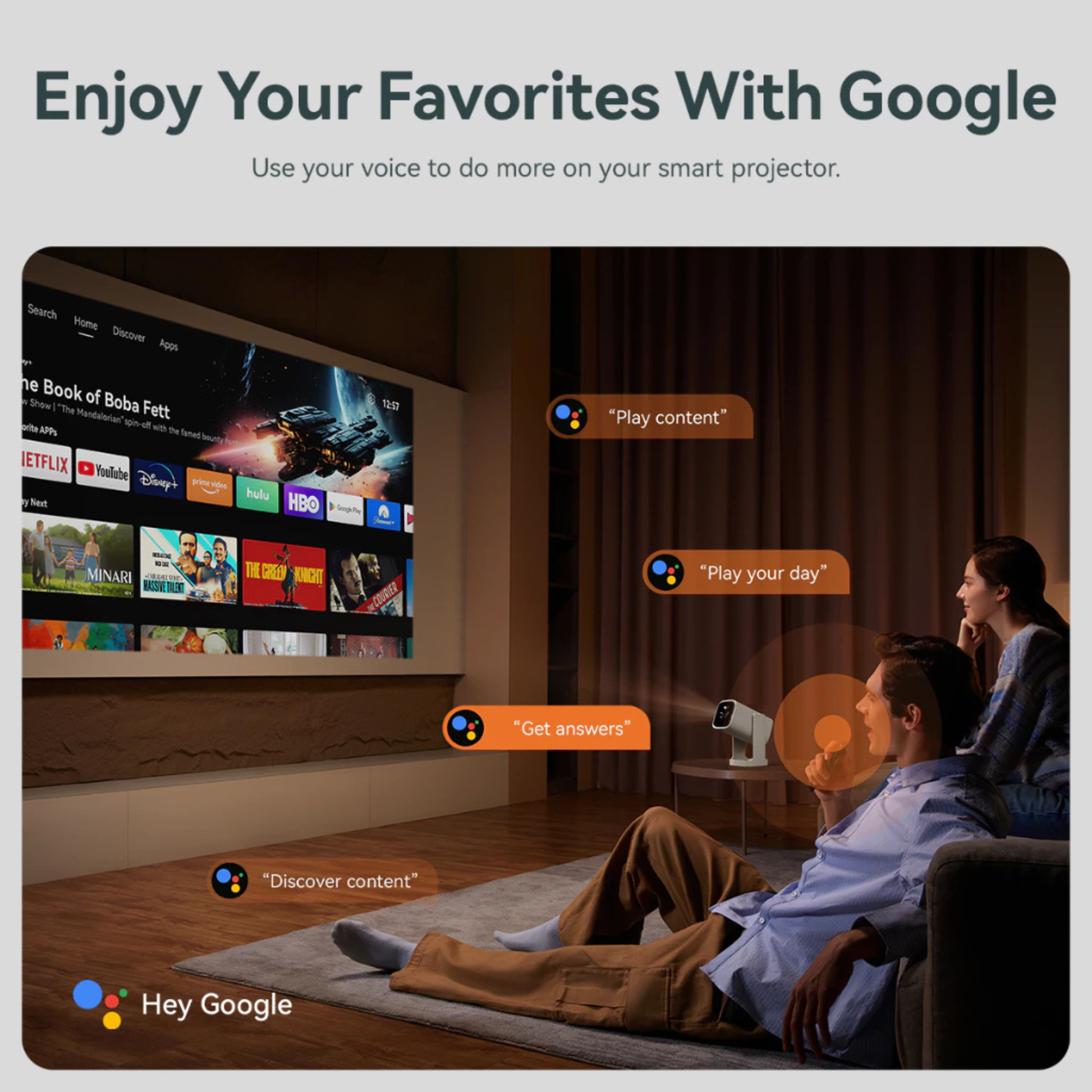 Smart projector showing Google features with users enjoying streaming on a portable screen projector