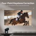 Portable screen projector with four-point keystone correction for easy side projection