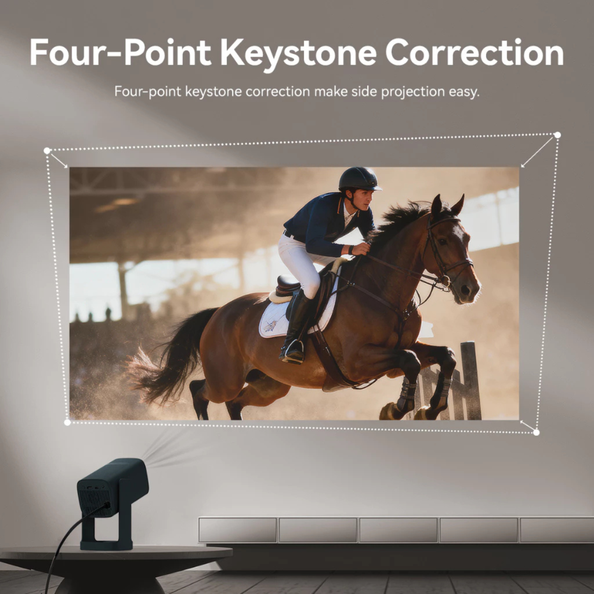 Portable screen projector with four-point keystone correction for easy side projection