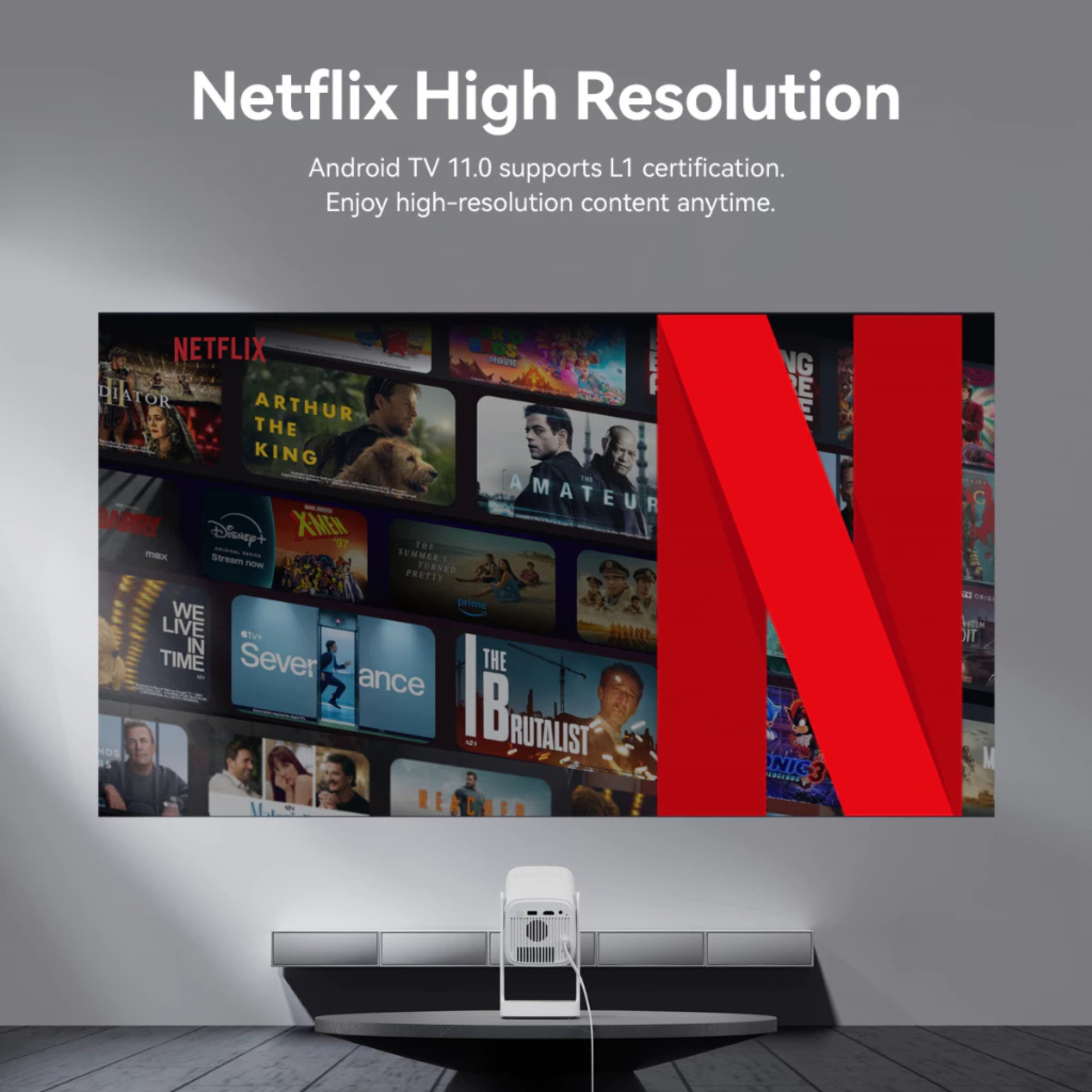 High-resolution Netflix content displayed on a portable screen projector with Android TV 11.0 support