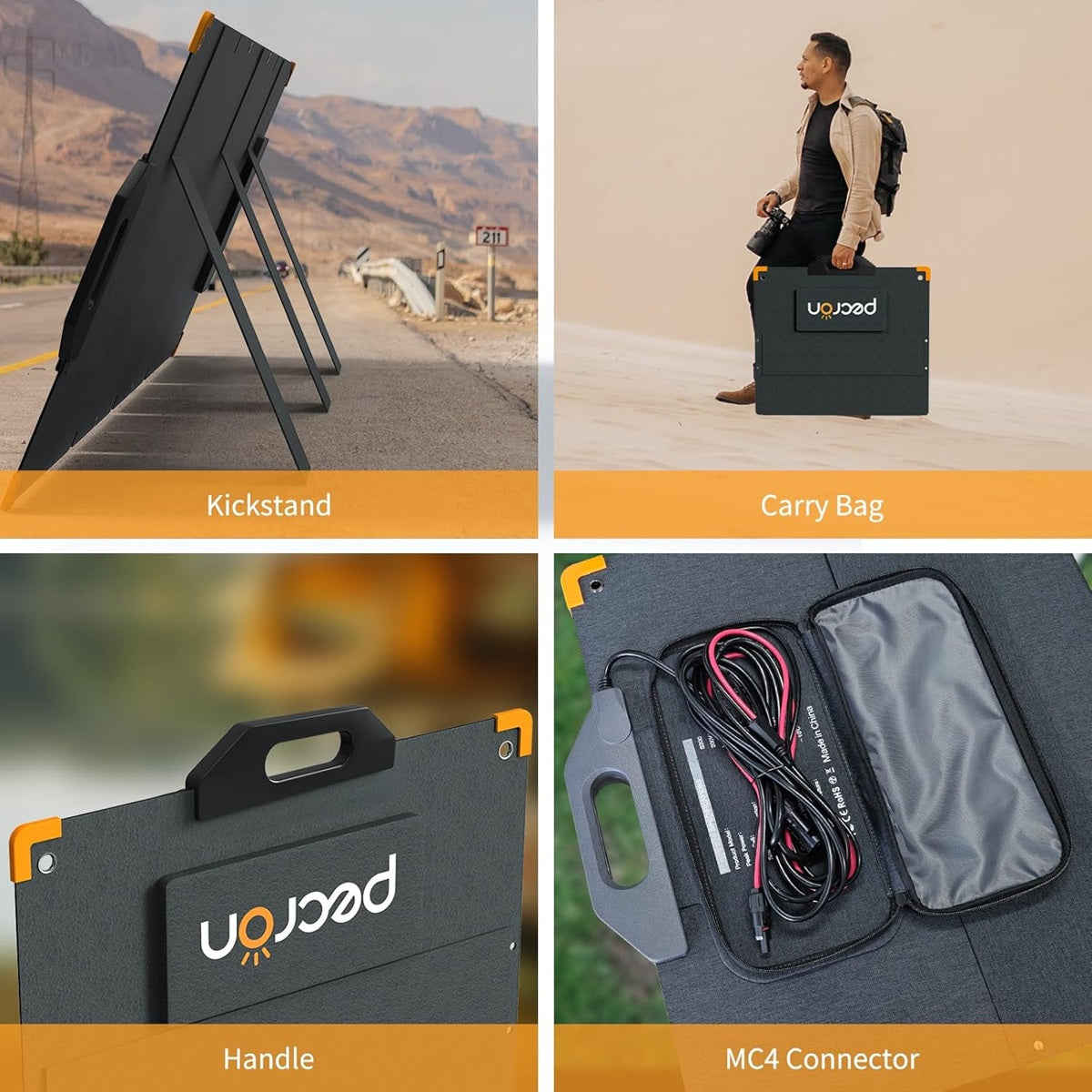 Portable solar power panel with kickstand, carry bag, and MC4 connector for easy setup