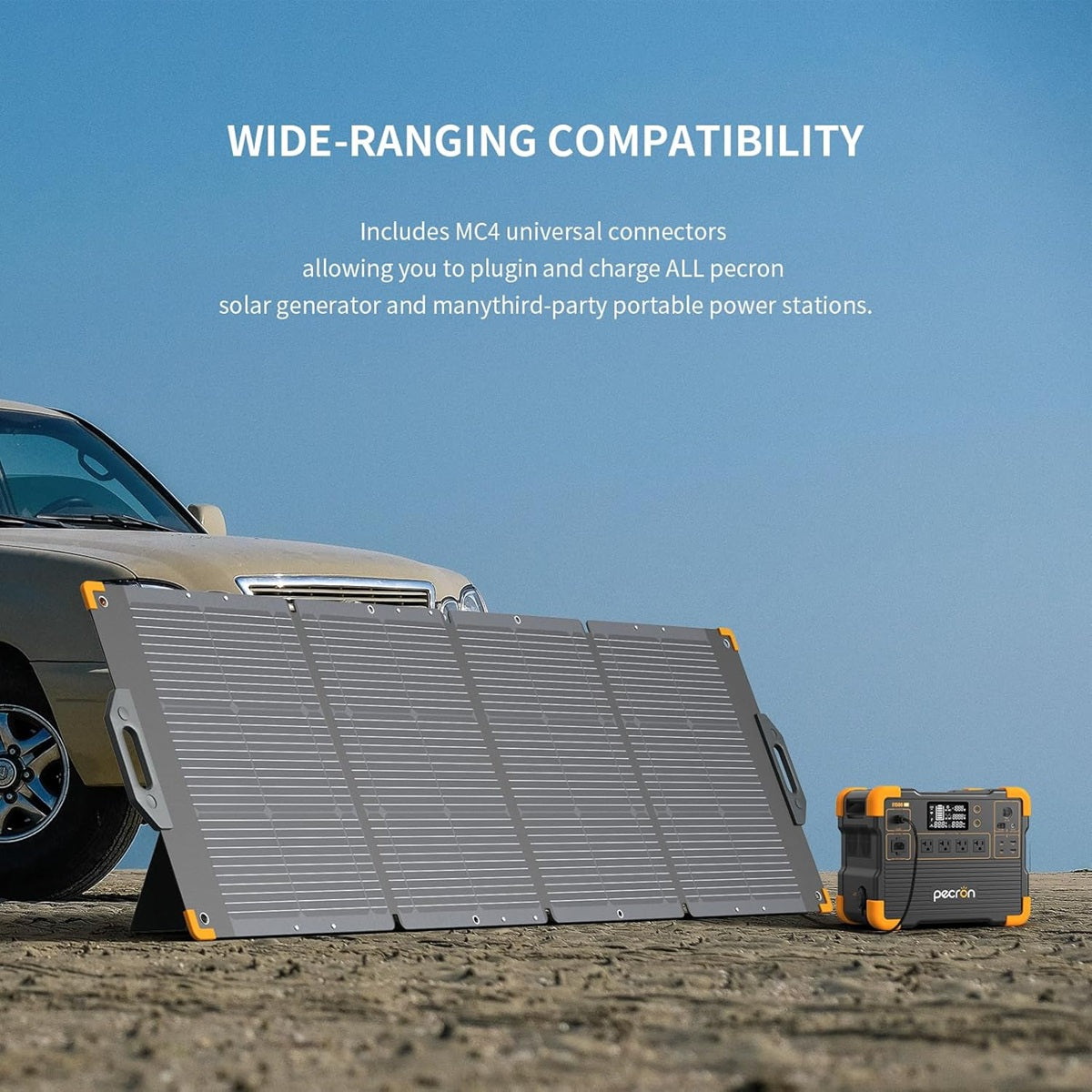 Portable solar power panel with MC4 connectors beside a power station for versatile outdoor use