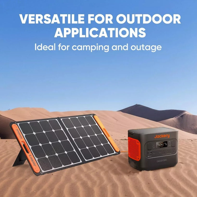 Solar panel designed for outdoor use with a power station portable for camping and outages