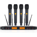 4 channel wireless microphone system with four black handheld mics and dual antenna receiver