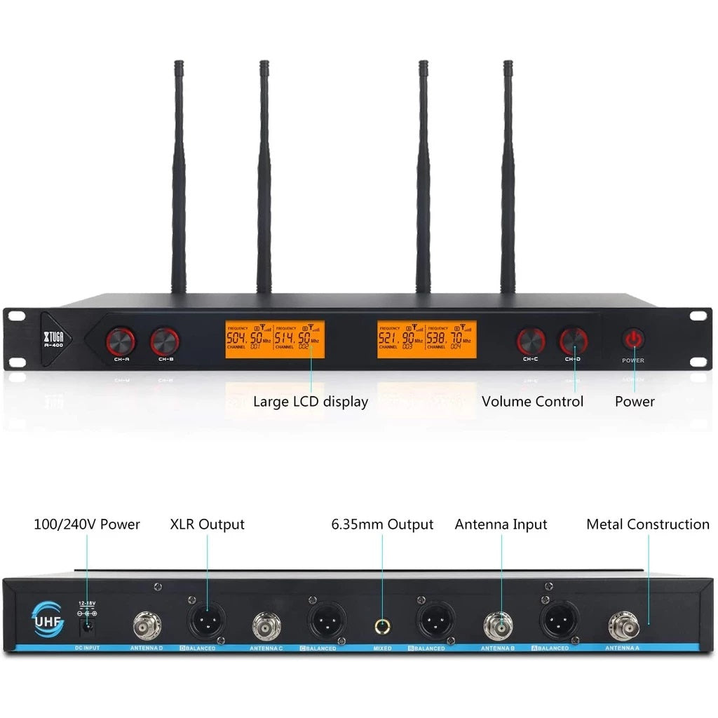 4 channel wireless microphone system with four black handheld mics and rackmount receiver