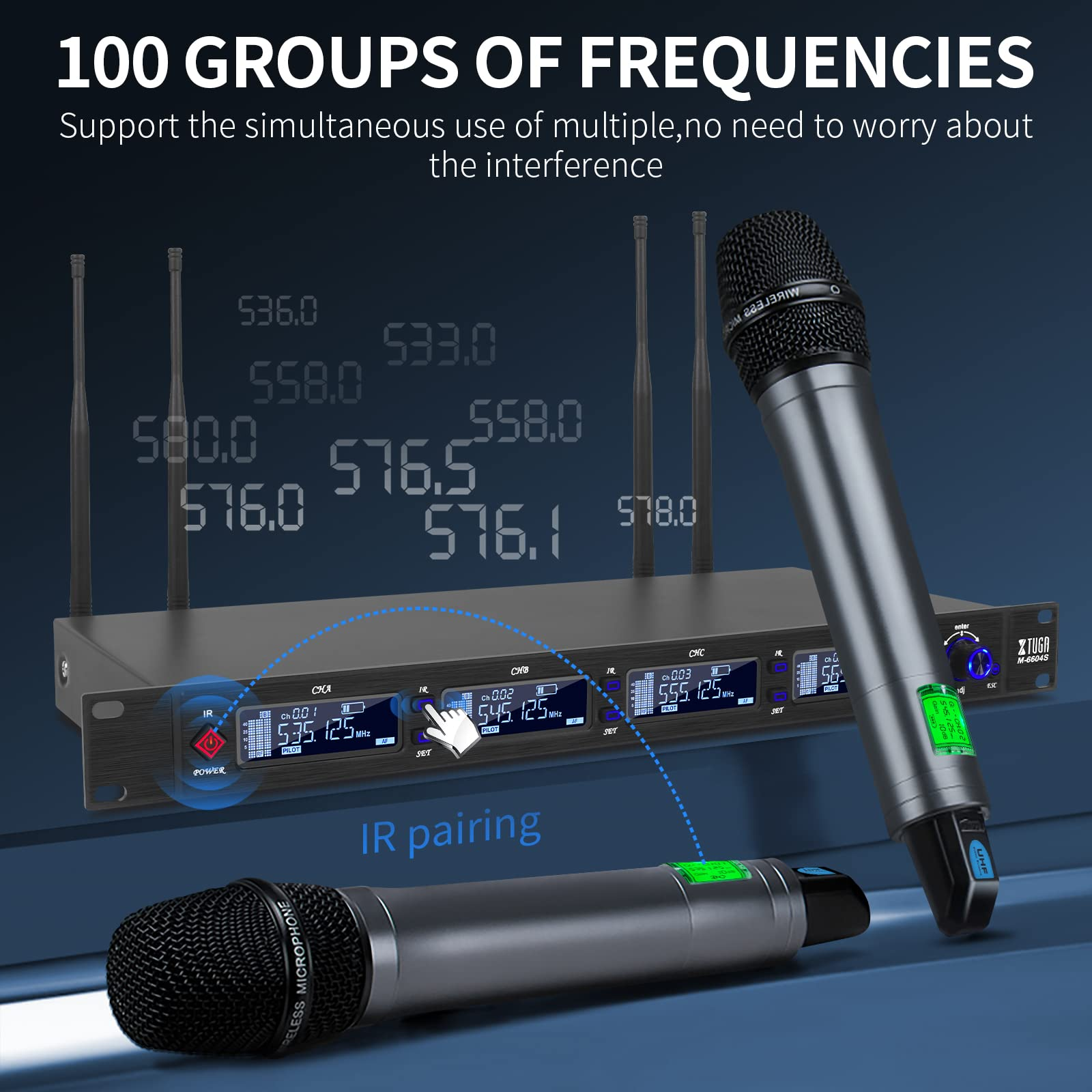 Professional 4 channel wireless microphone system with multiple frequency support for clear audio