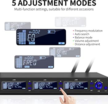 Professional 4 channel wireless microphone system with five adjustment modes and clear display