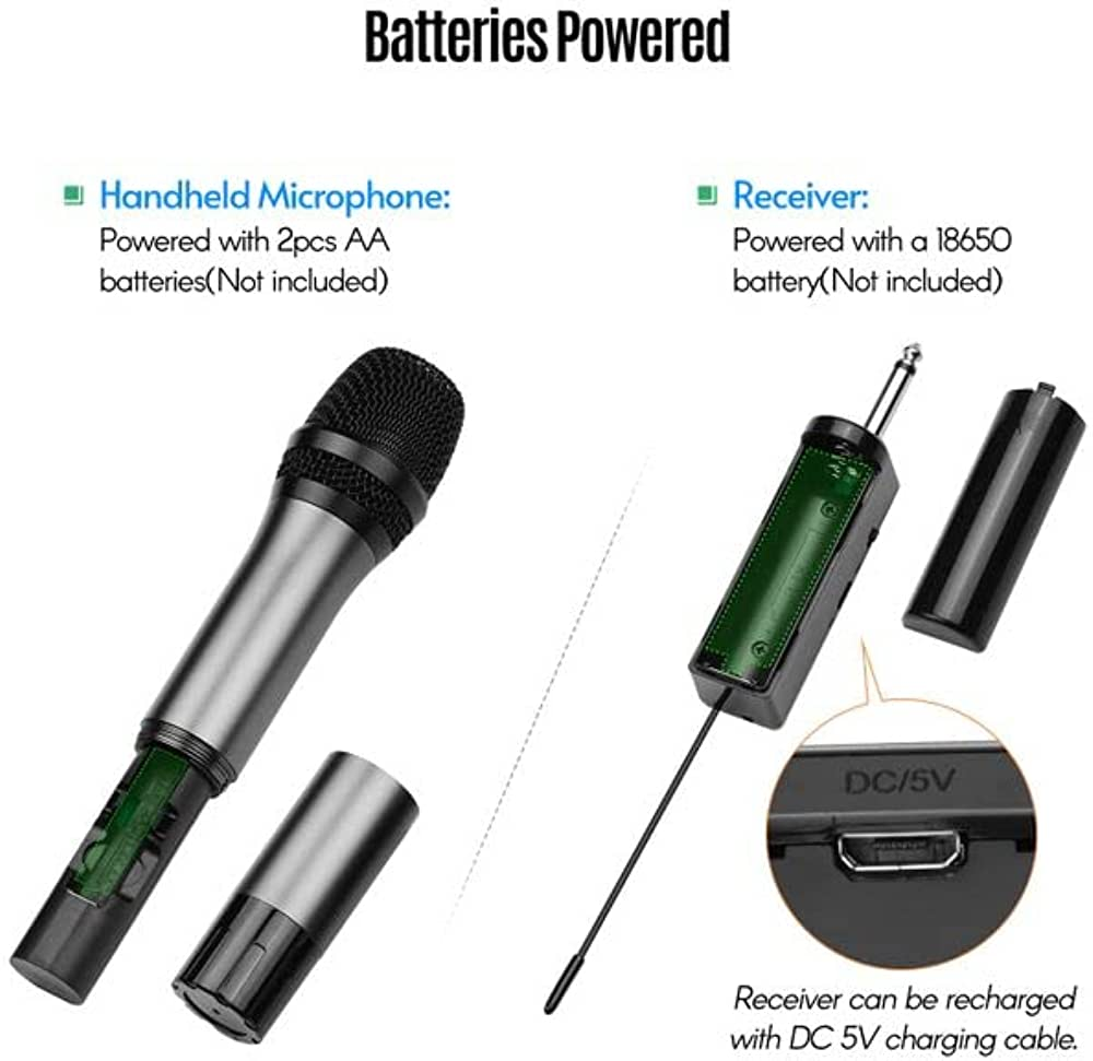 Professional 4 channel wireless microphone system with handheld microphone and rechargeable receiver