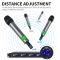 Professional 4 channel wireless microphone system with adjustable distance settings for optimal performance