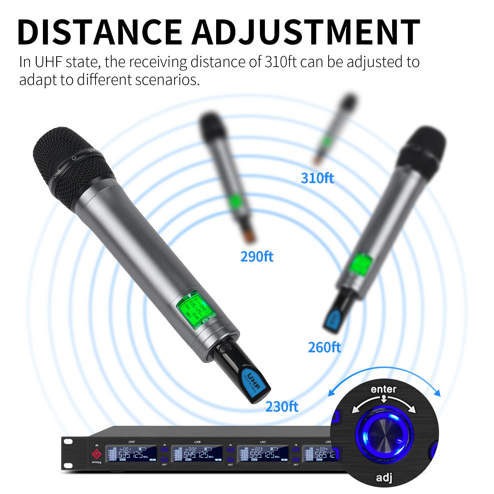 Professional 4 channel wireless microphone system with adjustable distance settings for optimal performance
