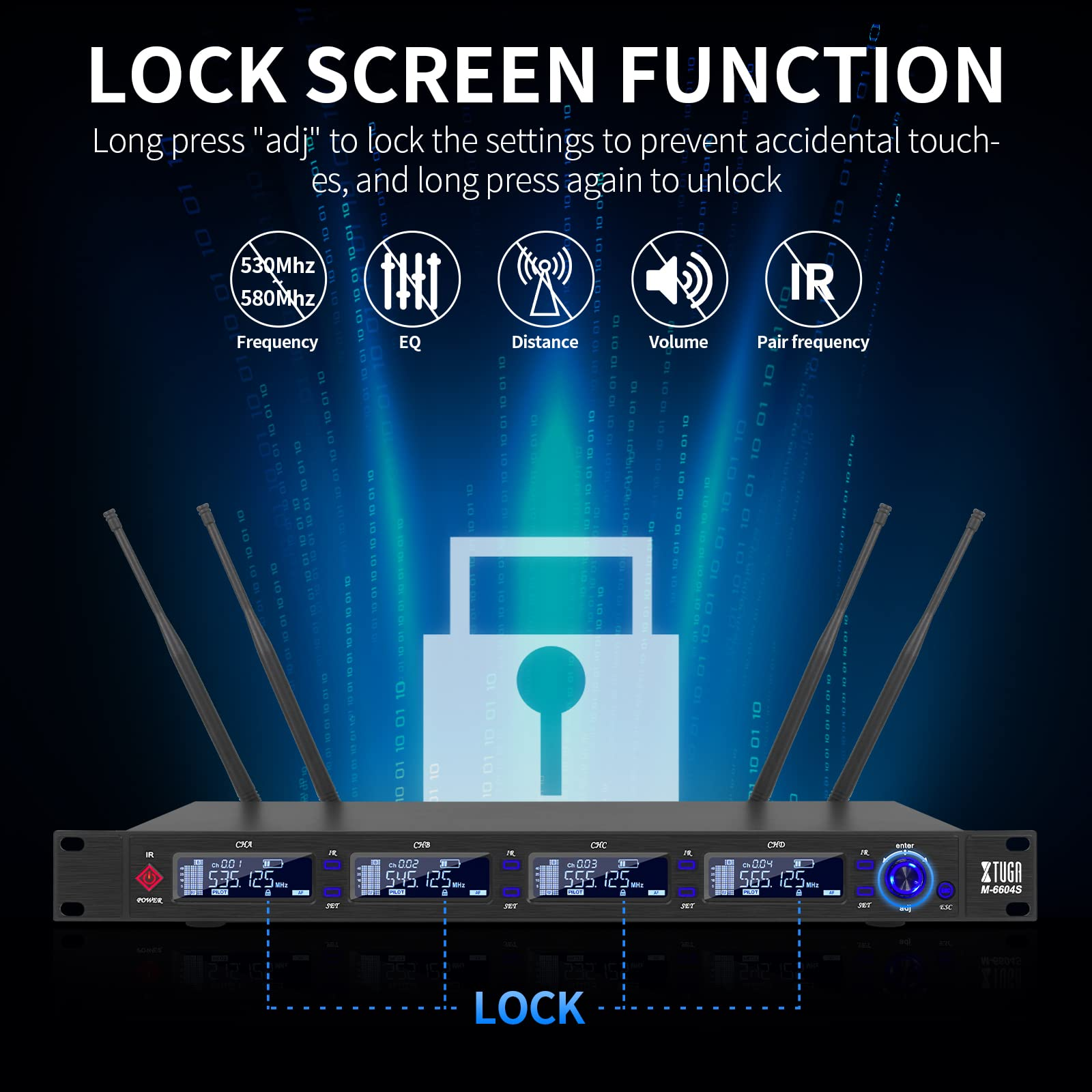 Professional 4 channel wireless microphone system with lock screen function for secure operation