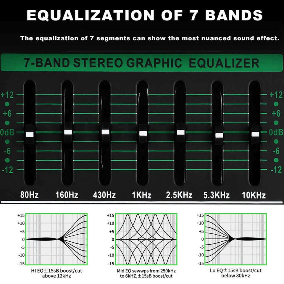 7-Band Stereo Graphic Equalizer for tuning sound on a professional 6 channel audio mixer
