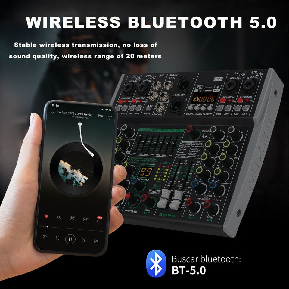 Professional 6 channel audio mixer with Bluetooth 5.0 for high-quality sound transmission
