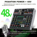 Professional 6 channel audio mixer with phantom power and noise reduction features