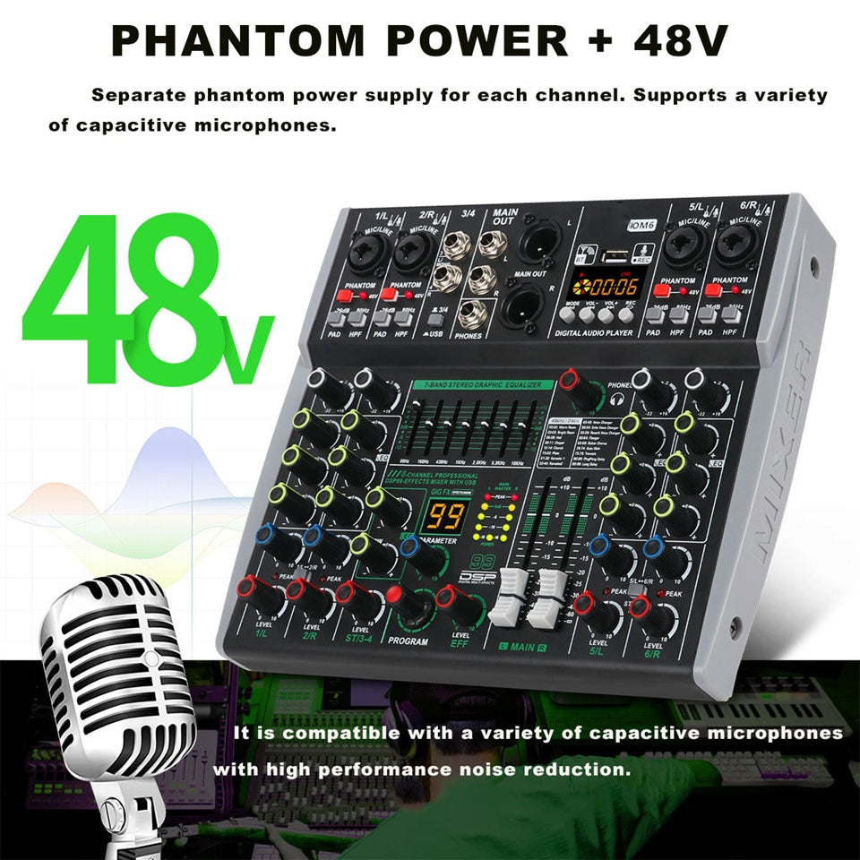 Professional 6 channel audio mixer with phantom power and noise reduction features