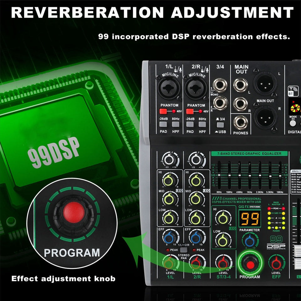 Professional 6 channel audio mixer with USB connectivity and built-in effects controls
