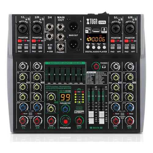 Professional 6 channel audio mixer with USB connectivity and built-in effects controls