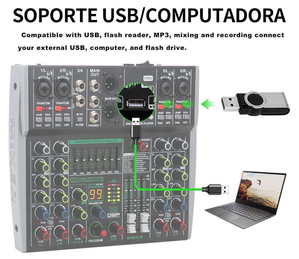 Professional 6 channel audio mixer with USB support for mixing and recording from computers