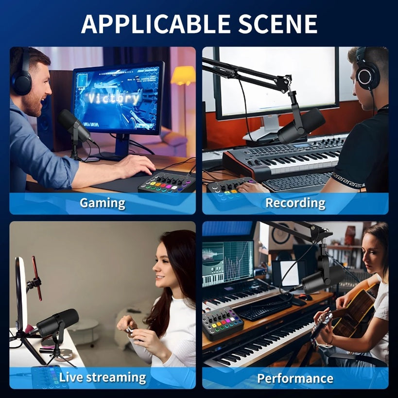Professional audio interface for live streaming with adjustable controls and colorful buttons