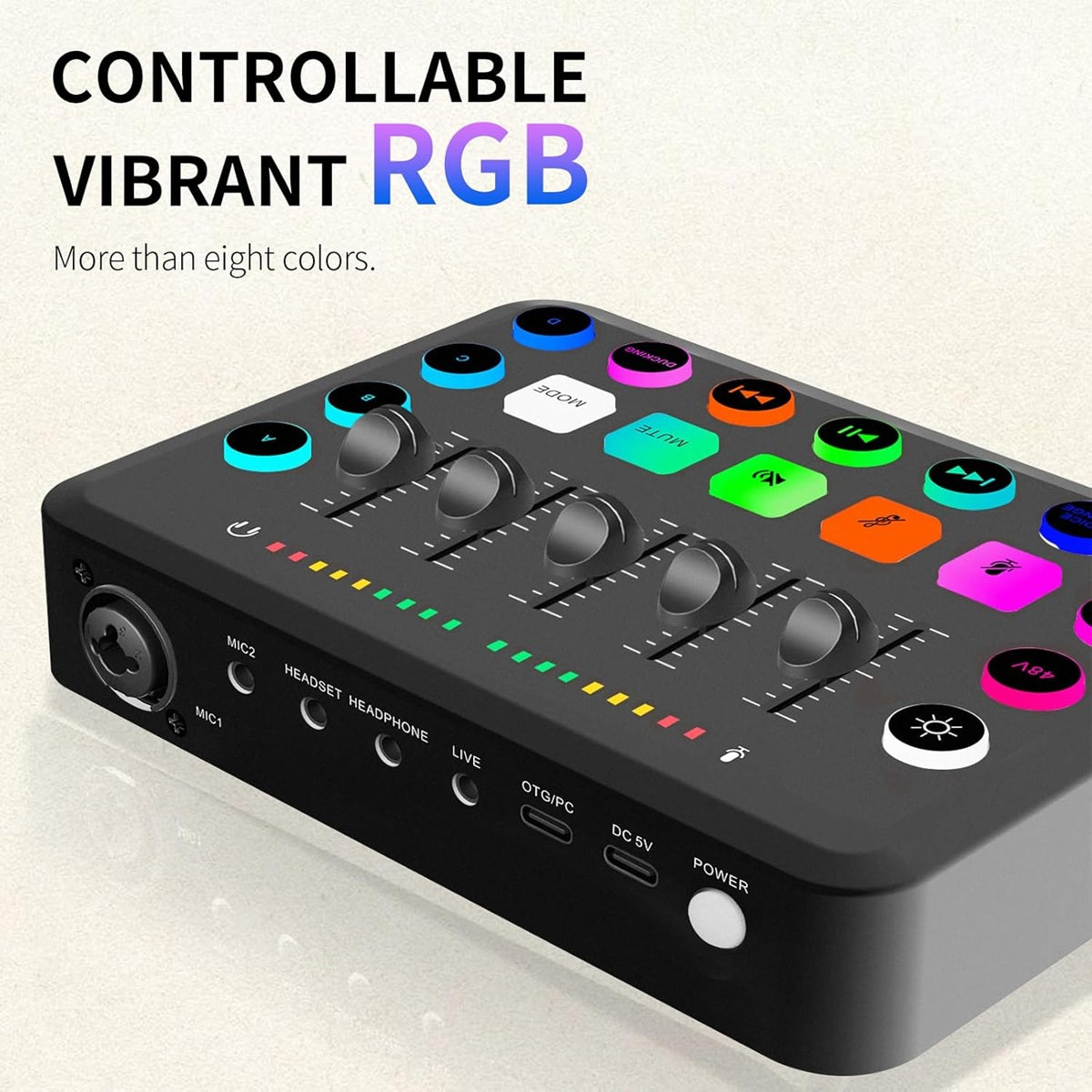 Professional audio interface for live streaming with controllable RGB and multiple input options