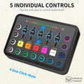 Professional audio interface for live streaming with 5 individual controls for easy audio management