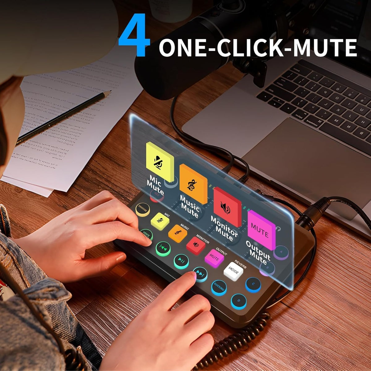Professional audio interface for live streaming with one-click mute buttons for easy control